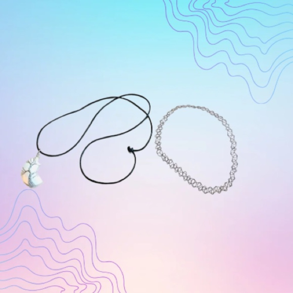 2 NECKLACE BUNDLE Tattoo Choker & Opal Crescent Pendant